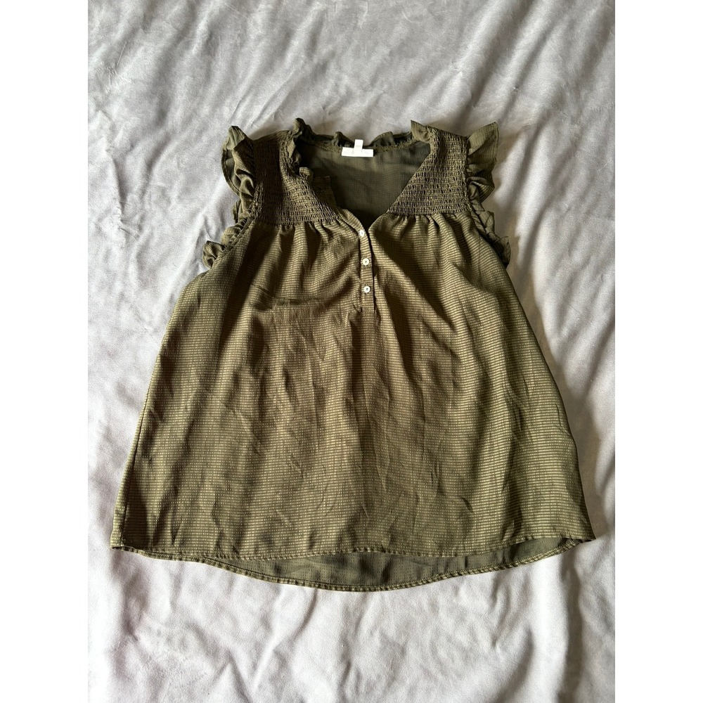 Studio B by Bobeau Olive Green Smocked Ruffle Henley Sleeveless Blouse XL